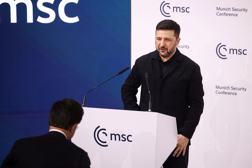 Ukrainian President Volodymyr Zelenskiy speaks during the Munich Security Conference (MSC) in Munich, Germany, February 14, 2026. REUTERS/Liesa Johannssen