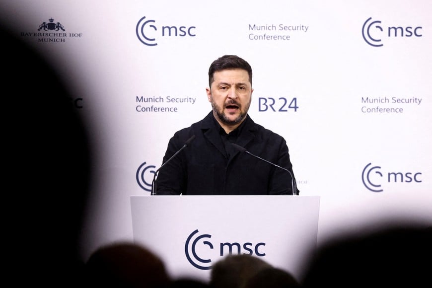 Ukrainian President Volodymyr Zelenskiy speaks during the Munich Security Conference (MSC) in Munich, Germany, February 14, 2026. REUTERS/Liesa Johannssen
     TPX IMAGES OF THE DAY