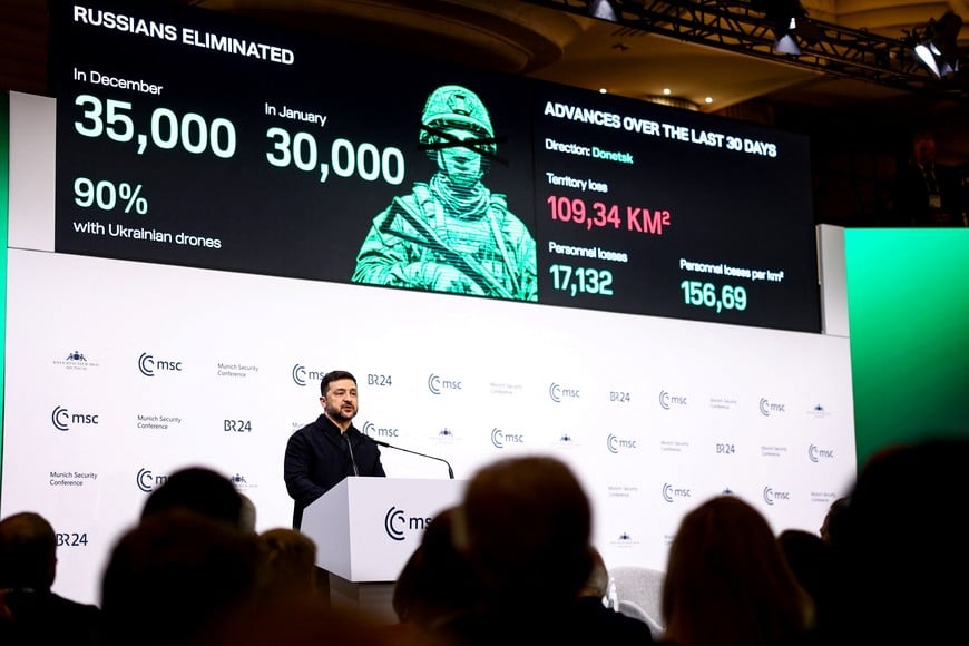Ukrainian President Volodymyr Zelenskiy speaks during the Munich Security Conference (MSC) in Munich, Germany, February 14, 2026. REUTERS/Liesa Johannssen