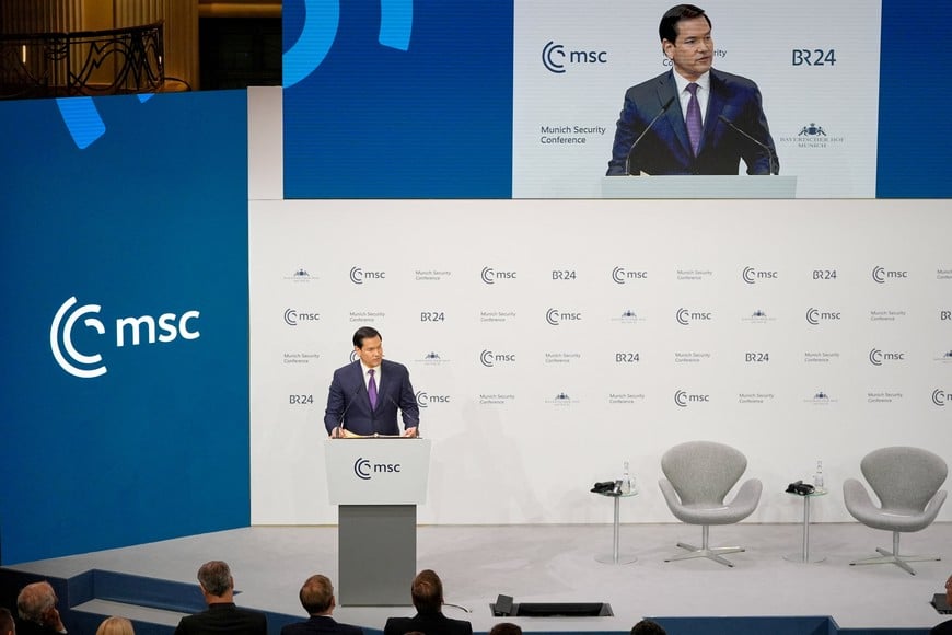 U.S. Secretary of State Marco Rubio speaks at the Munich Security Conference in Munich, Germany, Saturday, Feb. 14, 2026.     Alex Brandon/Pool via REUTERS