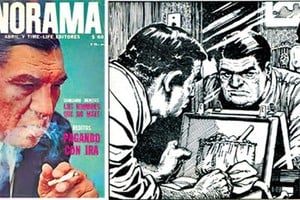 El comisario Evaristo Meneses en la tapa de la revista Panorama (abril de 1965) y como personaje central de "Evaristo", historieta de Carlos Sampayo y Francisco Solano López.