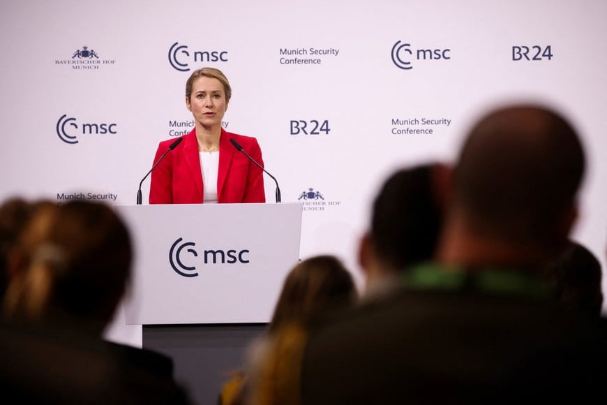 EU High Representative and Vice-President for Foreign Affairs and Security Policy Kaja Kallas speaks during the last day of the Munich Security Conference (MSC) in Munich, Germany, February 15, 2026. REUTERS/Liesa Johannssen