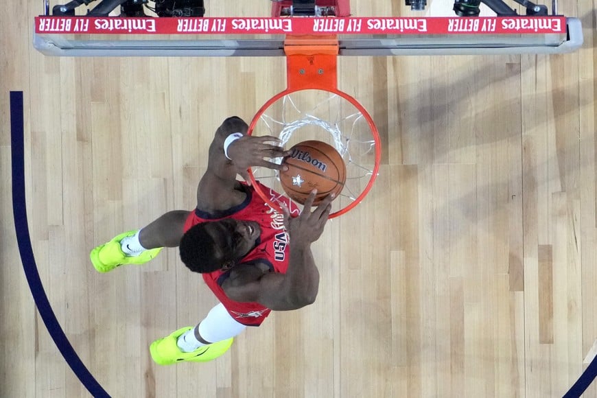 Feb 15, 2026; Inglewood, California, USA; Team USA Stars center Jalen Duren (0) of the Detroit Pistons dunks the ball against Team USA Stripes during the 75th NBA All Star Game at Intuit Dome. Mandatory Credit: Kirby Lee-Imagn Images