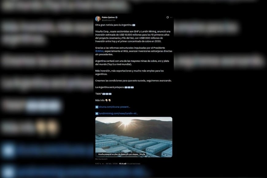 Pablo Quirno difundió en X el anuncio de inversión para los proyectos Josemaría y Filo del Sol.