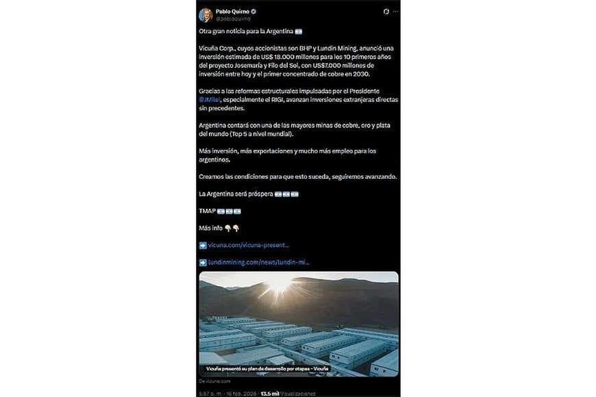 La publicación de Quirno en X.