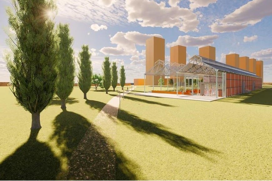 Render 3. El arbolado, cómo quedaría el antiguo taller y de fondo, las torres. Crédito: Gentileza
