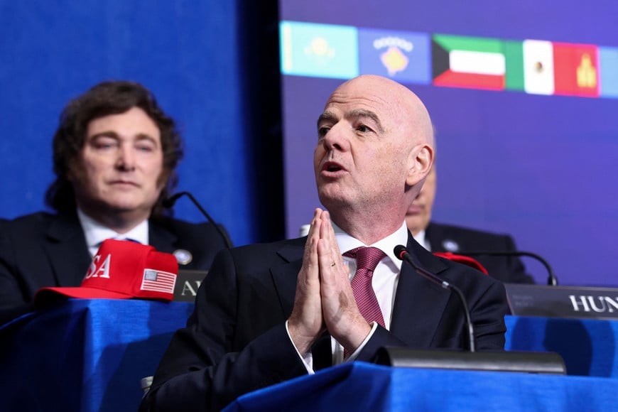 FIFA president Gianni Infantino speaks, as he and Argentina's President Javier Milei attend the inaugural Board of Peace meeting at the U.S. Institute of Peace in Washington, D.C., U.S., February 19, 2026. REUTERS/Kevin Lamarque