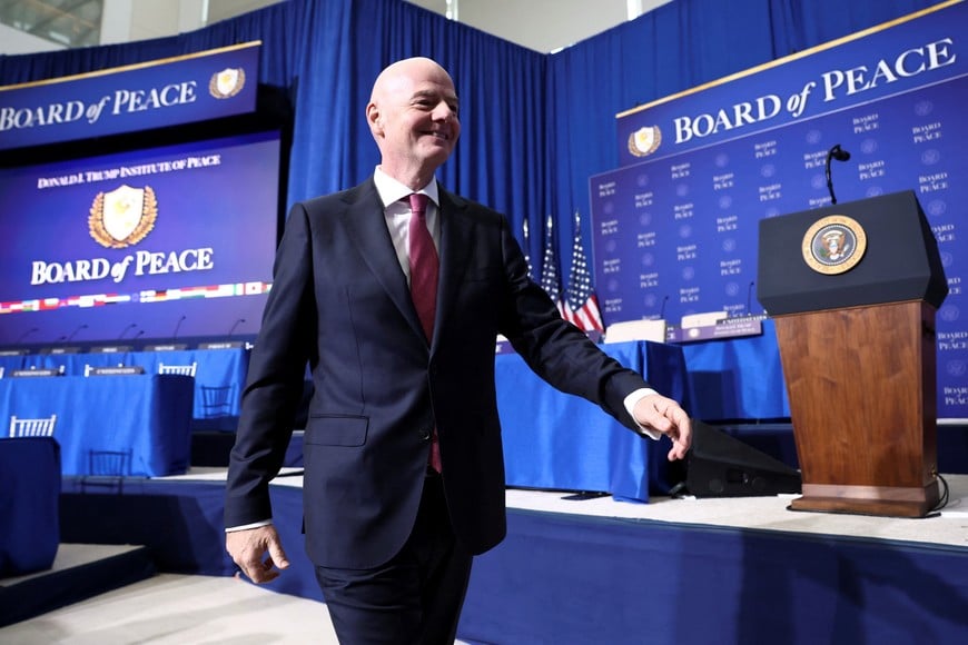 FIFA president Gianni Infantino attends the inaugural Board of Peace meeting at the U.S. Institute of Peace in Washington, D.C., U.S., February 19, 2026. REUTERS/Kevin Lamarque