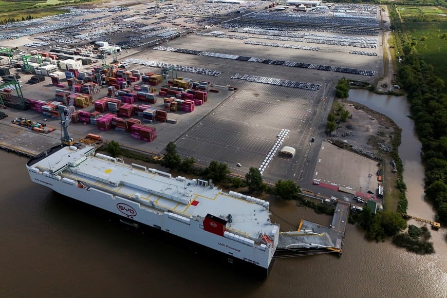 A drone view shows a ship belonging to Chinese automaker BYD at the port of Zarate, Argentina, January 19, 2026. REUTERS/Martin Cossarini