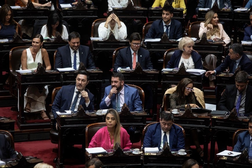 (260219) -- BUENOS AIRES, 19 febrero, 2026 (Xinhua) -- Diputados nacionales asisten a la sesión donde se debate el proyecto de Ley de Modernización Laboral, en el Congreso Nacional, en la ciudad de Buenos Aires, capital de Argentina, el 19 de febrero de 2026. La Cámara de Diputados de Argentina inició el jueves el debate por el proyecto de reforma laboral que impulsa el Gobierno, en medio de una huelga general de 24 horas convocada por centrales sindicales y gremios que califican la iniciativa de "regresiva" y consideran que afecta derechos básicos de los trabajadores. (Xinhua/Martín Zabala) (mz) (jg) (ah) (vf)