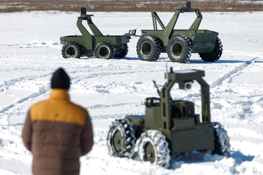 An employee controls an unmanned ground vehicle during an exhibition of Ukrainian drone makers, amid Russia's attack on Ukraine, in an undisclosed location, Ukraine February 20, 2026. REUTERS/Valentyn Ogirenko