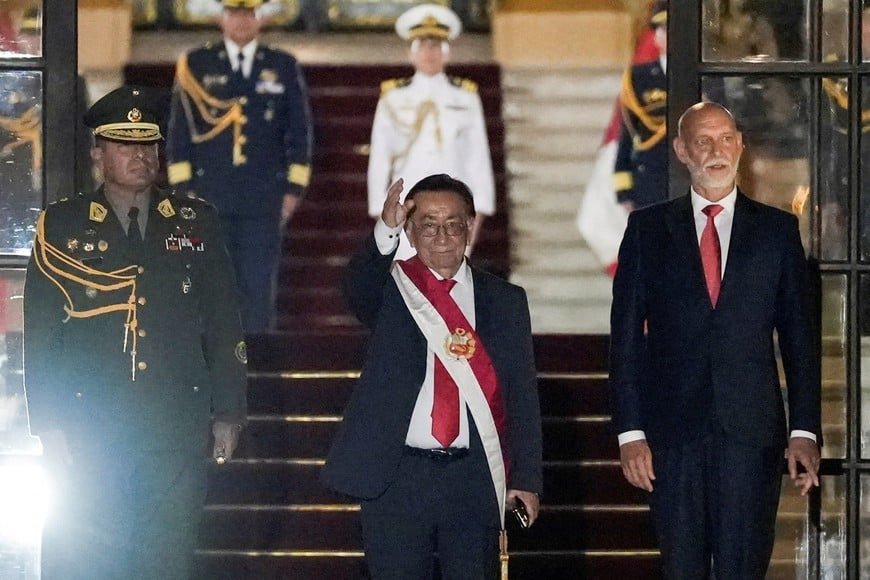Jose Balcazar gestures after he was elected as interim president, following a session by Peruvian lawmakers to choose a new leader of Congress to assume Peru's presidency, after they ousted President Jose Jeri over a scandal involving undisclosed meetings with a Chinese businessman, in Lima, Peru, February 18, 2026. REUTERS/Angela Ponce     TPX IMAGES OF THE DAY