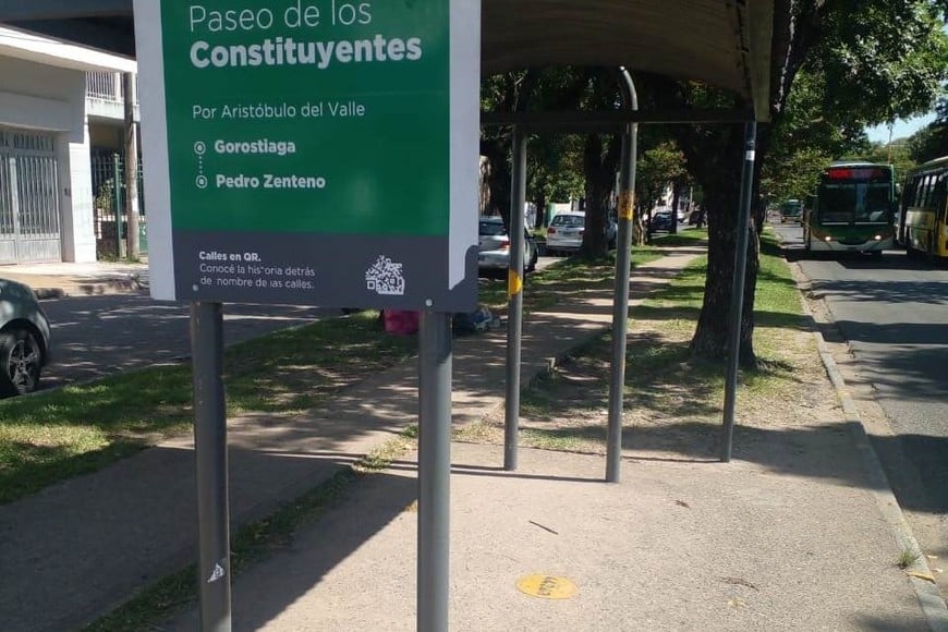 Parada de colectivos ubicada en la esquina noreste de las calles Av. Aristóbulo del Valle y Pedro Centeno. Indicador del comienzo del Paseo de los Constituyentes.
