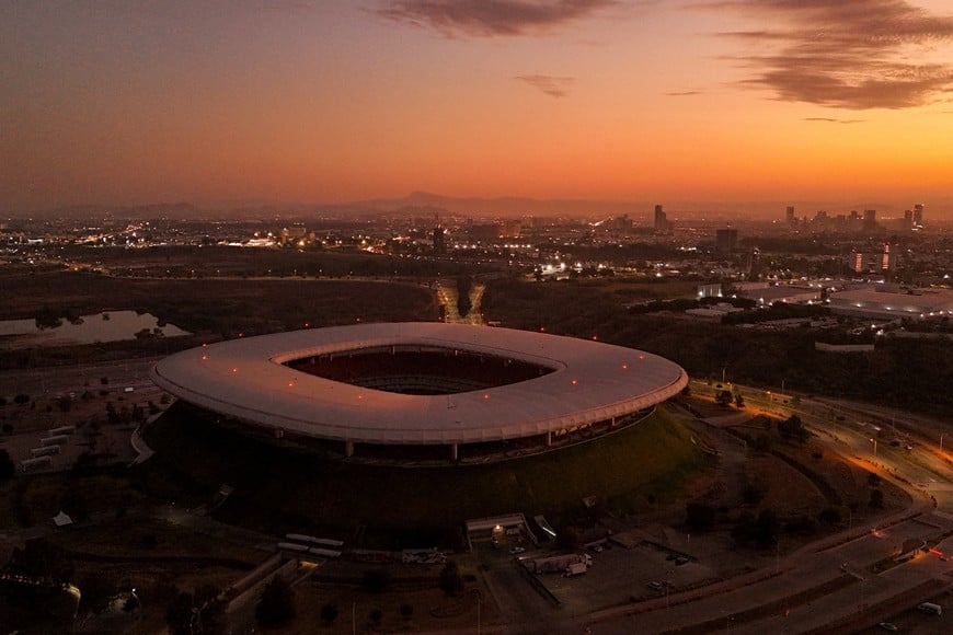 A drone view of Akron Stadium after four soccer matches in Mexico were postponed following violence near Guadalajara triggered by a military operation that left cartel leader Nemesio Oseguera dead, with FIFA monitoring the situation in the 2026 World Cup host city Zapopan, on the outskirts of Guadalajara, Mexico, February 24, 2026. REUTERS/Jose Luis Gonzalez
