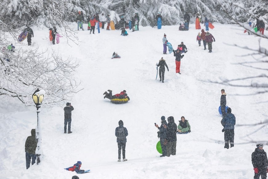 People sled in Central Park as snow falls during a winter storm in New York City, U.S., February 23, 2026. REUTERS/Jeenah Moon