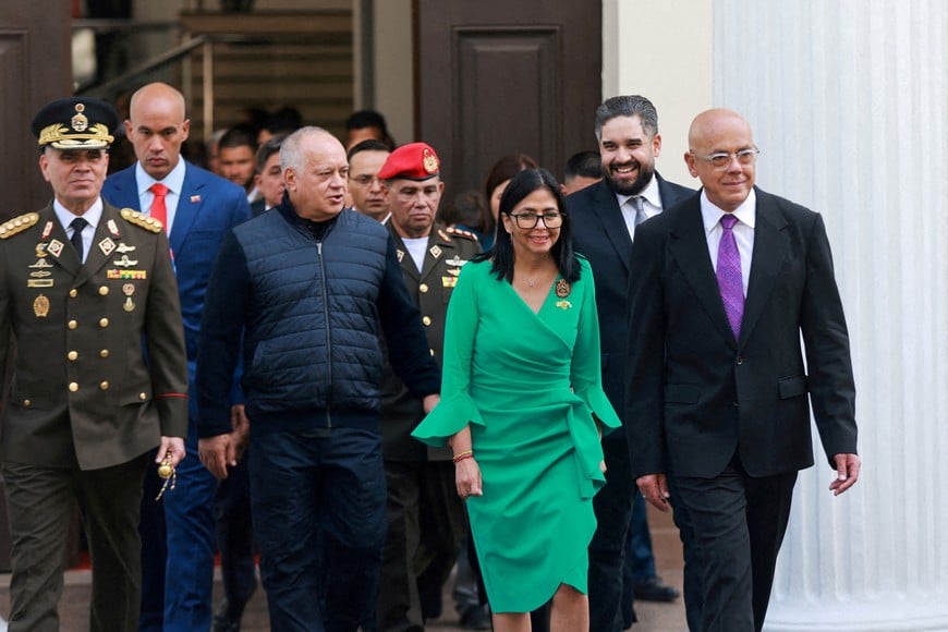 FILE PHOTO: Venezuela's Defence Minister Vladimir Padrino Lopez, Interior Minister Diosdado Cabello, interim President Delcy Rodriguez, Nicolas Maduro Guerra, son of ousted president Nicolas Maduro, and National Assembly President Jorge Rodriguez, walk together at the National Assembly, in Caracas, Venezuela, January 5, 2026. Marcelo Garcia/Miraflores Palace/Handout via REUTERS/ ATTENTION EDITORS - THIS IMAGE HAS BEEN SUPPLIED BY A THIRD PARTY/File Photo