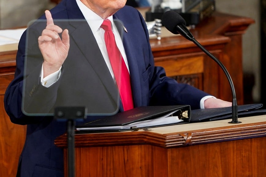 U.S. President Donald Trump gestures as he delivers the State of the Union address in the House Chamber of the U.S. Capitol in Washington, D.C., U.S., February 24, 2026. REUTERS/NATHAN HOWARD