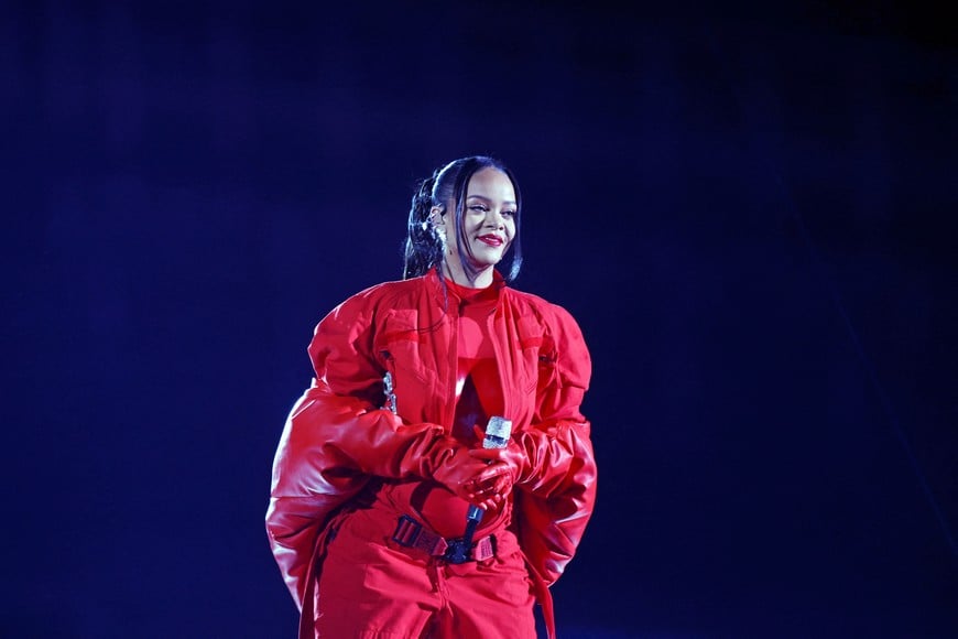 Feb 12, 2023; Glendale, Arizona, US; Recordist artist Rihanna performs during the halftime show of Super Bowl LVII at State Farm Stadium. Mandatory Credit: Mark J. Rebilas-USA TODAY Sports