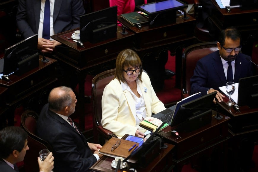 Senator Patricia Bullrich attends a session of Argentina's Senate to discuss a juvenile criminal law aimed at lowering the age of criminal responsibility, in Buenos Aires, Argentina, February 27, 2026. REUTERS/Matias Baglietto