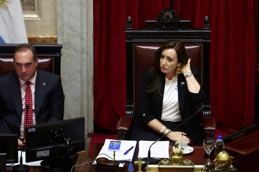 Argentina's Vice President Victoria Villarruel attends a session of Argentina's Senate to discuss a juvenile criminal law aimed at lowering the age of criminal responsibility, in Buenos Aires, Argentina, February 27, 2026. REUTERS/Matias Baglietto
