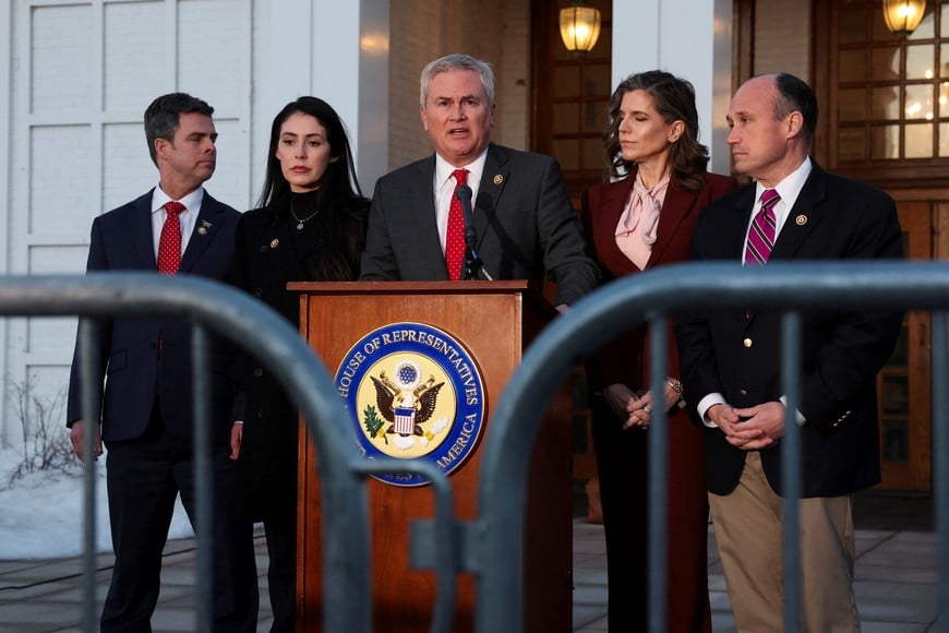U.S. Representative James Comer (R-KY), flanked by Anna Paulina Luna (R-FL) and Nancy Mace (R-SC), John McGuire (R-VA), speaks outside of the Chappaqua Performing Arts Center, on the day Bill Clinton appears for a deposition in the House Oversight Committee investigation of late financier and convicted sex offender Jeffrey Epstein, in Chappaqua, New York, U.S., February 27, 2026.  REUTERS/Shannon Stapleton