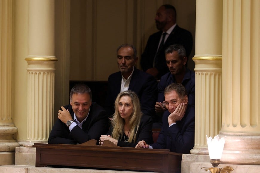 Manuel Adorni, Karina Milei, Diego Santilli, Martin Menem and Eduardo Menem attend a Senate session to discuss labor reforms proposed by President Javier Milei's libertarian government to attract investment and revive growth, as unions say it would roll back workers' rights, in Buenos Aires, Argentina February 12, 2026. REUTERS/Cristina Sille