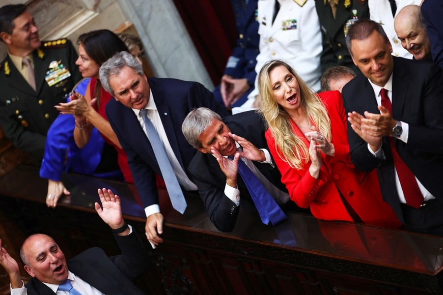 Karina Milei, sister of Argentina's President Javier Milei, Argentina's Economy Minister Luis Caputo, Minister of Human Capital Sandra Pettovello and Foreign Minister Pablo Quirno attend the opening session of the 144th legislative term of Congress at the National Congress building in Buenos Aires, Argentina, March 1, 2026. REUTERS/Agustin Marcarian