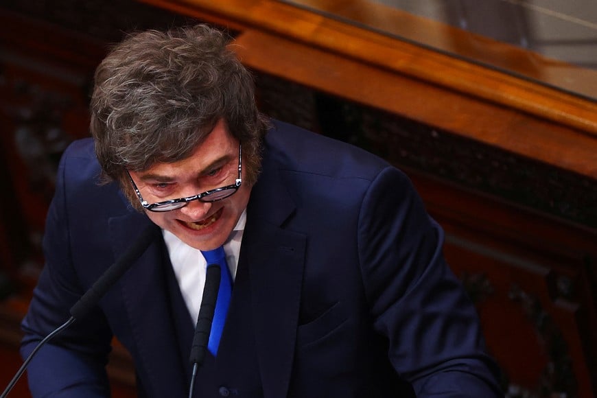 Argentina's President Javier Milei speaks during the opening session of the 144th legislative term of Congress at the National Congress building in Buenos Aires, Argentina, March 1, 2026. REUTERS/Agustin Marcarian