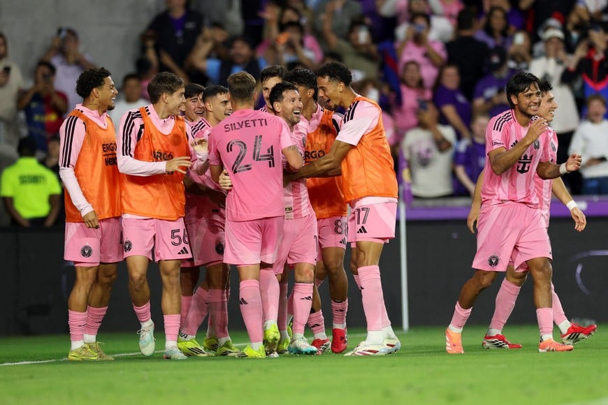 Mar 1, 2026; Orlando, Florida, USA; Inter Miami CF forward Lionel Messi (10) reacts after scoring a goal against Orlando City in the second half at Inter&Co Stadium. Mandatory Credit: Nathan Ray Seebeck-Imagn Images