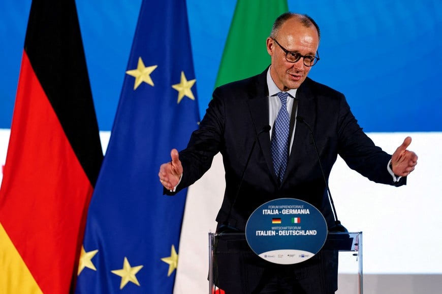 German Chancellor Friedrich Merz speaks during the Italy–Germany Business Forum at the Grand Hotel Parco dei Principi, in Rome, Italy, January 23, 2026. REUTERS/Matteo Minnella     TPX IMAGES OF THE DAY