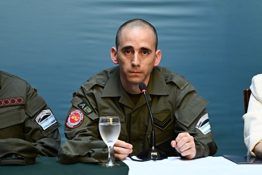 Nahuel Gallo, an Argentine gendarmerie officer who was detained in Venezuela since December 2024, attends a press conference after his arrival to the country last Monday, with Argentina's Security Minister Alejandra Monteoliva, Foreign Minister Pablo Quirno and Gendarmerie Commander General Claudio Brilloni, in Buenos Aires, Argentina, March 4, 2026. REUTERS/Pedro Lazaro Fernandez