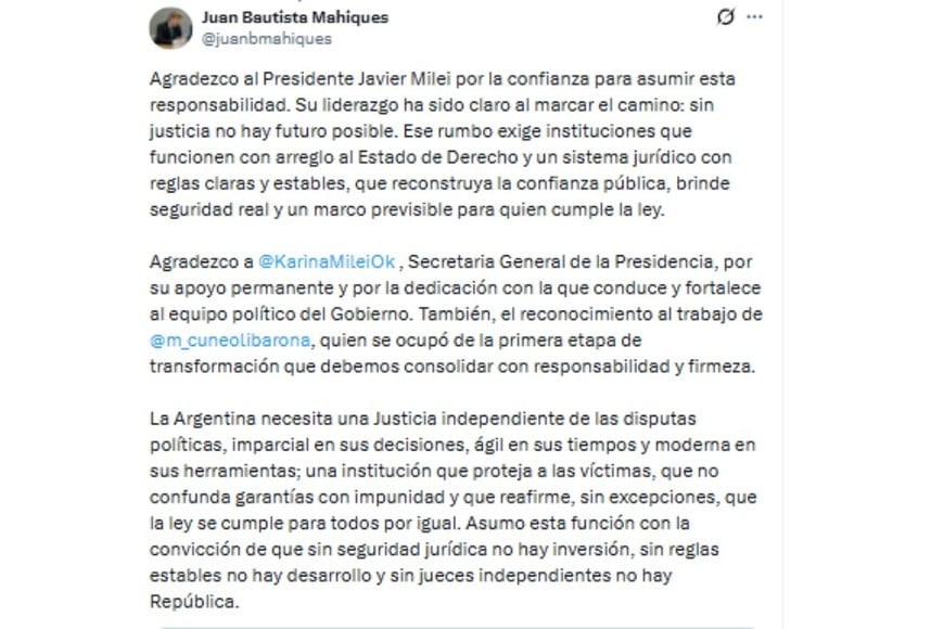 El posteo en X del nuevo ministro.