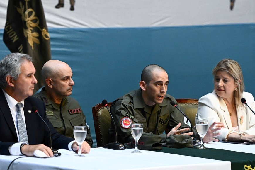 Nahuel Gallo, an Argentine gendarmerie officer who was detained in Venezuela since December 2024, attends a press conference after his arrival to the country last Monday, with Argentina's Security Minister Alejandra Monteoliva, Foreign Minister Pablo Quirno and Gendarmerie Commander General Claudio Brilloni, in Buenos Aires, Argentina, March 4, 2026. REUTERS/Pedro Lazaro Fernandez