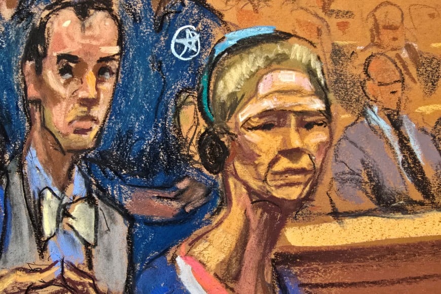 Cilia Flores, wife of Venezuela's captured President Nicolas Maduro and wearing a bandage on her forehead, attends their arraignment with her defense lawyer Mark Donnelly to face U.S. federal charges including narco-terrorism, conspiracy, drug trafficking, money laundering and others, at the Daniel Patrick Moynihan United States Courthouse in Manhattan, New York City, U.S., January 5, 2026 in this courtroom sketch. REUTERS/Jane Rosenberg