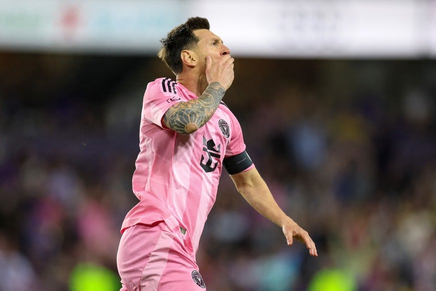 Mar 1, 2026; Orlando, Florida, USA; Inter Miami CF forward Lionel Messi (10) reacts after scoring a goal against Orlando City in the second half at Inter&Co Stadium. Mandatory Credit: Nathan Ray Seebeck-Imagn Images