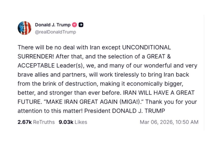 El posteo de Donald Trump en Truth Social.