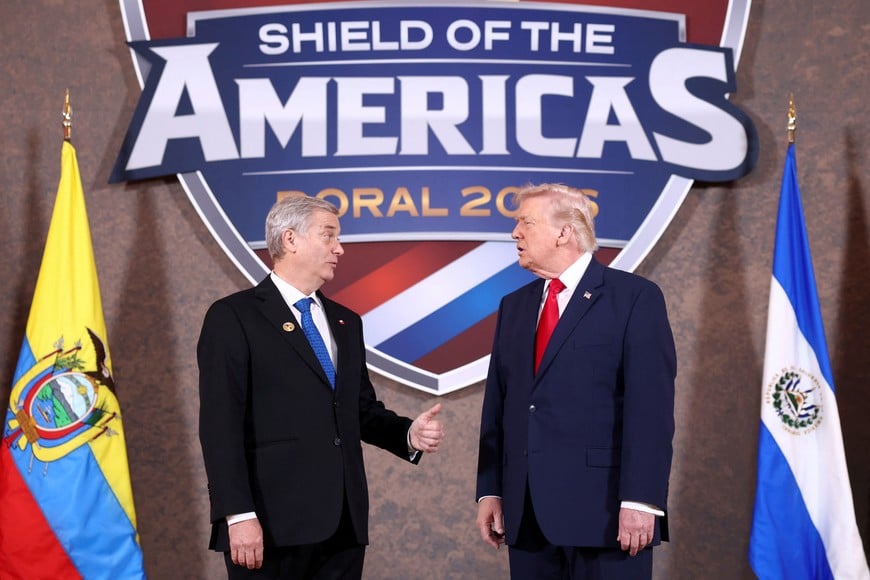 U.S. President Donald Trump meets with Chilean President-elect Jose Antonio Kast as they attend the "Shield of the Americas" Summit in Miami, Florida, U.S., March 7, 2026. REUTERS/Kevin Lamarque