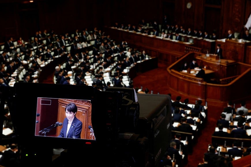 A camera screen displays Japan's Prime Minister Sanae Takaichi delivering her policy speech in the parliament, in Tokyo, Japan, February 20, 2026. REUTERS/Kim Kyung-Hoon     TPX IMAGES OF THE DAY