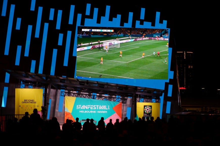 Soccer Football - FIFA Women’s World Cup Australia and New Zealand 2023 - Fan festival - Melbourne, Australia - July 20, 2023
The big screen is pictured as fans watch the Australia v Republic of Ireland match REUTERS/Hannah Mckay