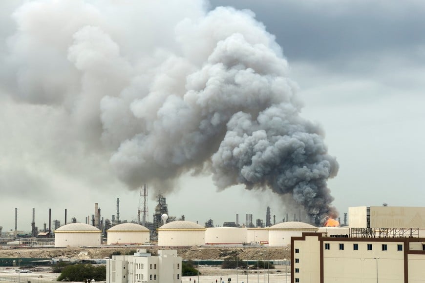 Smoke rises following a strike on the Bapco Oil Refinery, amid the U.S.-Israeli conflict with Iran, on Sitra Island Bahrain, March 9, 2026. REUTERS/Stringer
