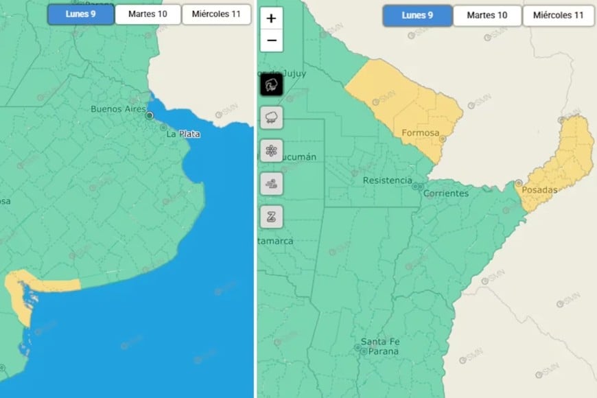 Las zonas bajo alerta este lunes.