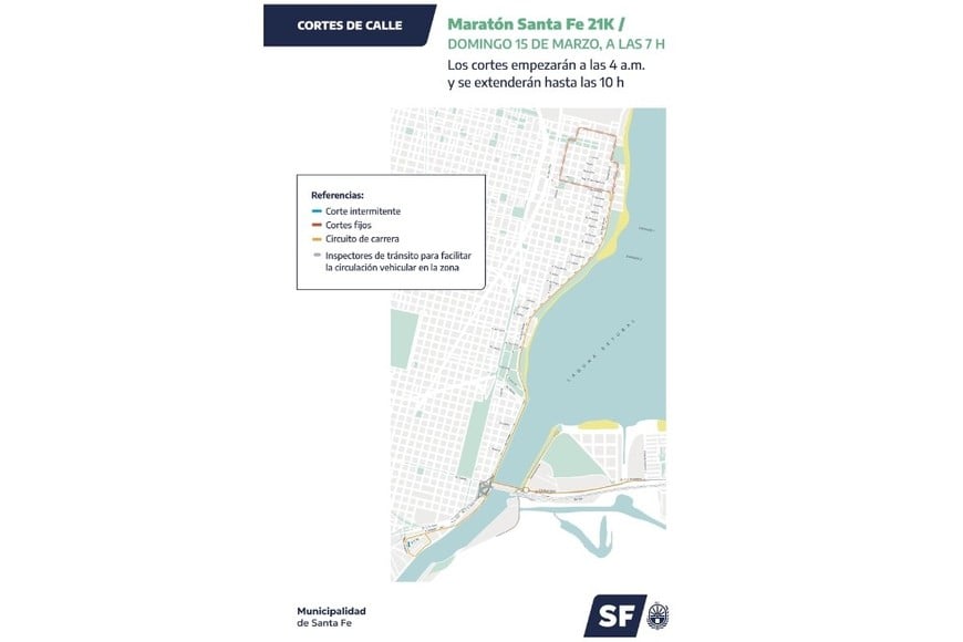 El recorrido de la carrera y los cortes.  Crédito: Municipalidad de Santa Fe
