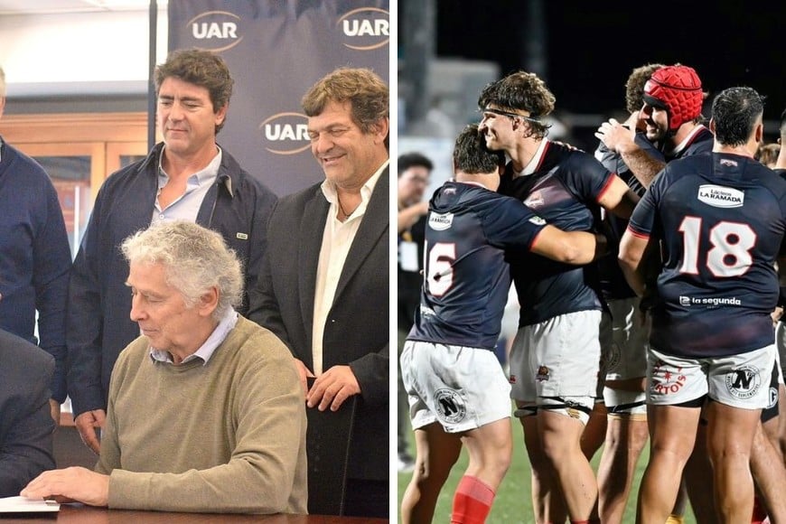 A la izquierda, sentados: Carlos Fertonani (CEO de Capibaras) y Travaglini. Parados, Enrique Patrizi, Martín Cipriani y Rubén González Fresneda, presidentes de las uniones del Litoral, el día que se firmó por la participación de Capibaras XV en el SRA. A la izquierda, meses después, la franquicia en cancha.