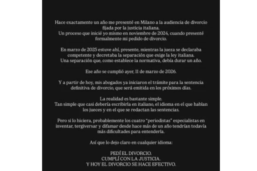 Mauro Icardi confirmó en redes sociales que el divorcio con Wanda Nara quedó firme en la justicia italiana.