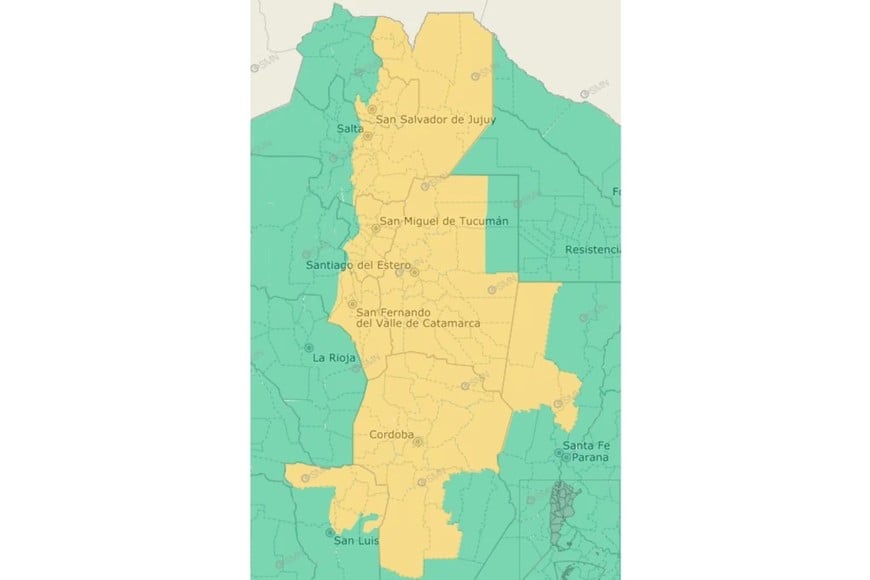 Las zonas bajo alerta amarilla por tormentas.