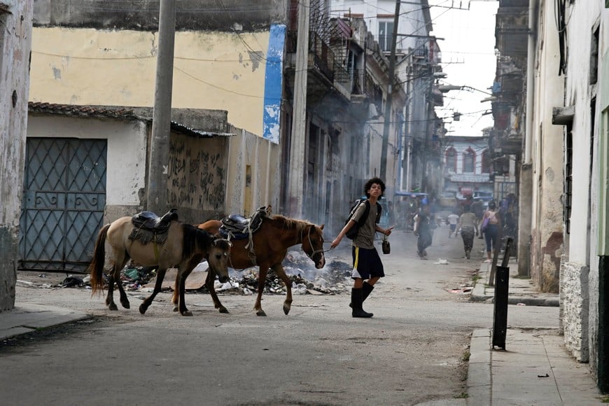 A boy leads two horses as he walks by a burning pile of garbage after Cuba's President Miguel Diaz-Canel announced that Cuba has opened talks with the U.S. government as an oil blockade imposed by U.S. President Donald Trump pushes the Communist-run nation deeper into economic crisis in Havana, Cuba March 13, 2026. REUTERS/Norlys Perez     TPX IMAGES OF THE DAY