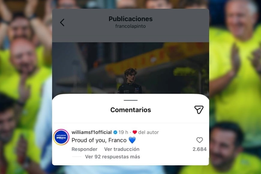 Williams felicitó a Colapinto tras su décimo puesto en el GP de China.