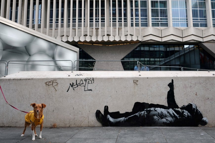 A dog stands beside a new mural reported to be by anonymous artist Banksy, in Tottenham Court Road, London, Britain, December 22, 2025. REUTERS/Isabel Infantes TPX IMAGES OF THE DAY