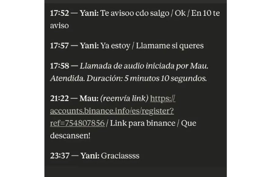 Novelli también le envió a la panelista un enlace para crear y verificar una cuenta en Binance.