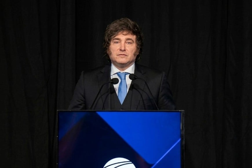 Javier Milei durante su discurso en la Bolsa de Comercio de Córdoba. Foto: Gentileza